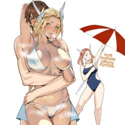 1boy 2girls arm_up armpits beach_umbrella bikini blonde_hair breasts brown_hair cameltoe english_text final_fantasy final_fantasy_xiv finger_to_mouth hair_ornament hug hug_from_behind hyur jamjam jamjamstyle kan-e-senna large_breasts multiple_girls one-piece_swimsuit padjal raya-o-senna simple_background smile steaming_body straight sweat swimsuit umbrella warrior_of_light_(ff14) white_background white_bikini rating:Questionable score:92 user:AZFF