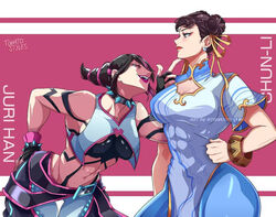 2girls abs artist_signature belly_button black_hair blank_stare boob_window bracket brown_hair character_name chinese_clothes chun-li crop_top earings exposed_belly eyelashes eyeliner fingerless_gloves flowing_clothing fringe hair_covering_eye hair_ribbon hair_ribbons juri_han magenta_lipstick muscular muscular_female pearl_earrings pink_background pink_eyes pink_hair pink_lipstick playful playful_smile red_eyeshadow red_lipstick shiny_clothes shiny_skin side_boob smiling smiling_at_partner spike_bracelet spiked_choker spiked_collar stern_expression street_fighter street_fighter_6 strong strong_female text thick_thighs thin_eyebrows tight_clothing tomatostyles twin_buns twitter_username two_tone_hair watermark yellow_eyes rating:Questionable score:111 user:Darkrai1234