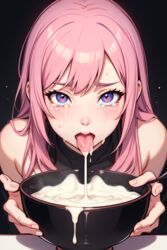  ai_generated bowl crying crying_with_eyes_open cum cum_drinking cum_in_bowl cum_in_container cum_on_tongue female forced gokkun open_mouth pink_hair scarlethblood tongue tongue_out violet_eyes  rating:explicit score: user:scarletblood