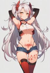 1girls ai_generated armpits arms_up azur_lane bleached blush breasts choker clothed cowboy_shot crop_top denim denim_shorts elbow_gloves female female_only gloves highleg_panties long_hair looking_at_viewer midriff multicolored_hair navel panties petite prinz_eugen_(azur_lane) pubic_tattoo queen_of_hearts shorts skindentation smile solo solo_female streaked_hair tattoo thigh_gap thighhighs thighs thong underboob white_hair yuroart rating:Explicit score:92 user:yuroart