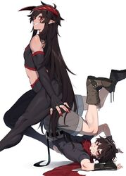 2boys ain(in) barefoot boots demon demon_king_(in) femboy femboy_on_femboy hero_(in) horns human in_(ain) sitting sitting_on_person skin_tight suggestive upside-down rating:Questionable score:90 user:ThiccRoboi