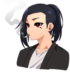 ain(in) black_hair bust_portrait casual casual_clothes femboy in_(ain) male_focus male_only mascara ponytail red_eyes self_insert smoking smoking_cigarette solo tied_hair rating:Questionable score:21 user:ThiccRoboi