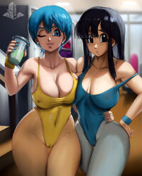 2girls arm_around_waist big_breasts black_hair blue_eyes blue_hair breasts bulma_briefs chichi cleavage clothing dragon_ball dragon_ball_z ear_piercing elitenappa female female_only indoors leotard milf mother nipple_bulge no_bra painted_nails piercing thick_thighs wide_hips rating:Questionable score:179 user:Rex_Hollins