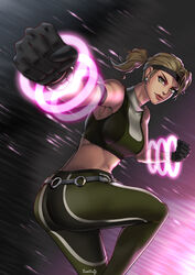 ass black_clothing blonde_female blonde_hair blonde_hair ear_ring earrings female gloves green_clothing midriff mortal_kombat mortal_kombat_3 muscular muscular_female ponytail solo solo_female sonya_blade thotlerrr toned toned_stomach treartz yellow_eyes rating:Questionable score:20 user:Monbo