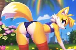 1boy ai_generated anthro ass ass_focus big_ass big_butt blue_eyes canine canis femboy feminine_male feminine_tails flower fox garden girly huge_ass huge_butt mammal miles_prower novelai panties presenting_hindquarters rainbow smile smiling smiling_at_viewer sonic_(series) sonic_the_hedgehog_(series) sunlight tails yellow_fur rating:Questionable score:26 user:A.I.ddicted