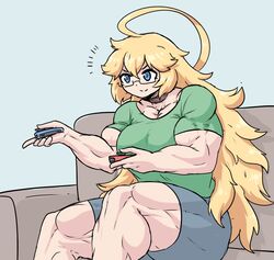  big_breasts big_muscles blonde_hair blue_eyes blue_shorts green_shirt joystick muscular_female sheepapp smiling tight_clothing  rating:explicit score: user:manfriend