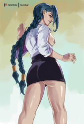 ass big_ass blue_hair breasts_out curves flhour jinx_(league_of_legends) league_of_legends legs looking_back office_clothing office_lady riot_games skirt thick thick_legs thick_thighs rating:Explicit score:80 user:Teteudaregul