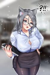  1girls annoyed artist_name big_breasts button_down_shirt button_gap cat_ears eribyte glasses gray_eyes gray_hair morineko office_lady short_skirt stockings virtual_youtuber vtuber  rating:questionable score: user:sexualexp