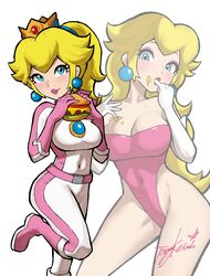 1girls 5_fingers alternate_costume blonde_hair blue_eyes bodysuit breasts cheese clothing crown eating elbow_gloves eyes female female_focus female_only food gloves hair hamburger human jpeg lipstick mario_(series) mario_kart nintendo one_leg_up open_eyes princess_peach signature smile solo standing tomato yamino_ekakinin rating:Questionable score:93 user:Bylethlover