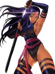 1girls arm_strap arm_straps armpit ass_visible_through_thighs blue_arm_strap blue_elbow_gloves blue_leotard blue_thigh_strap blue_thighhighs confident confident_smile elbow_gloves holding_katana holding_sword holding_weapon katana leotard light-skinned_female light_skin long_hair long_hair_female marvel meke ninja pink_sash psylocke purple_armwear purple_clothing purple_hair purple_leotard sash sideboob simple_background smile solo solo_female sword thigh_strap thigh_straps thighhighs thighs twitter_link unsheathing weapon white_background x-men rating:Questionable score:65 user:BonbonBoi