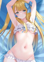  1girls absurdres armpits azur_lane beach_towel belly_button blonde_hair breasts centaur_(azur_lane) female female_only green_eyes haru_(dt717461) highres light-skinned_female light_skin looking_at_viewer multicolored_hair navel royal_navy_(azur_lane) small_breasts smile solo swimsuit towel twintails underboob  rating:questionable score: user:jja122