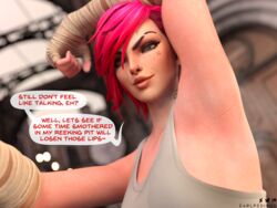 1girls armpit dialogue earlpedibus female femdom freckles league_of_legends nose_ring pink_hair short_hair smelly_armpit steamy steamy_armpit text tomboy vi rating:Questionable score:32 user:busterancher