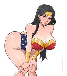 amazon amazonian bending_over big_ass big_thighs black_hair blue_eyes busty cleavage dark_hair dc dc_comics diana_prince down_blouse earrings hands_on_knees heavy_breasts huge_breasts long_hair pawg princess royalty skimpy_armor superheroine thick_thighs toksie top_heavy wide_hips wonder_woman wonder_woman_(series) rating:Questionable score:288 user:gitterdone