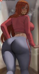 ass bleach blurry blurry_background blush breasts curvy female highres indoors inoue_orihime large_breasts long_hair long_sleeves looking_at_viewer looking_back orange_hair oroborusart pants pink_shirt savagexthicc shirt solo tight_clothes tight_pants yoga_pants rating:Safe score:162 user:bot