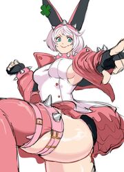 animal_ears aqua_eyes black_gloves blue_eyes boots bracelet breasts clover collar dress elphelt_valentine female four-leaf_clover frilled_dress frills full_body gloves guilty_gear guilty_gear_strive hairband highres jacket jewelry large_breasts long_sleeves octavius_(octavius_dp) octavius_dp open_mouth pink_footwear pink_jacket short_hair sideboob smile spiked_bracelet spiked_collar spiked_hairband spikes standing standing_on_one_leg thigh_boots white_dress white_hair rating:Safe score:98 user:bot