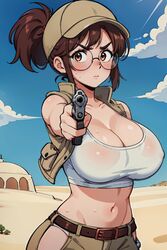 ai_generated angry baseball_cap belt brown_eyes brown_hair brown_hat cleavage crop_top desert fio_germi furrowed_brow glasses gun hat holding_gun holding_object holding_weapon looking_at_viewer metal_slug midriff navel nipple_bulge pointing_gun ponytail round_glasses serious short_hair short_jacket shorts sky snk stable_diffusion sweat tampopo tank_top vest white_shirt rating:Questionable score:77 user:Tampopo