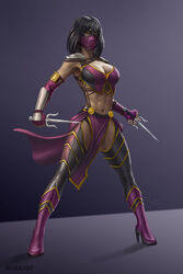  abs black_hair breasts edenian female heel_boots heels heroharborx loincloth mask masked masked_female midriff mileena mortal_kombat muscular muscular_female oiuuart orange_eyes purple_clothing sai_(weapon) short_hair solo solo_female tarkatan toned toned_female toned_stomach weapon  rating:questionable score: user:monbo