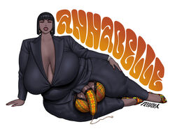 1futa annabelle_(fellatrix) annabelle_steele ball_bra bangs black_hair breast bubble_text dark-skinned_female dark_skin earrings fellatrix futa_only futanari hanging_breasts lace_trim large_breasts nails name_drop pattern_clothing pattern_footwear penis_clothing penis_sock pubic_hair pubic_hair_peek red_eyes red_nails short_hair simple_background solo suit thick_lips veiny_penis watch white_background rating:Explicit score:84 user:Cherrypicker