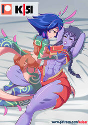 2022 2girls abs armpits arms_above_head arms_up barefoot blue_hair braid breast_grab breasts cameltoe facial_markings grinding keisar_(artist) league_of_legends lying monster_girl muscular_female neeko on_back patreon_username purple_hair purple_sclera purple_skin riot_games shorts shyvana straddling tagme tail tattoo thick_thighs thighs twin_braids two_tone_hair underboob vastaya watermark yellow_eyes yuri rating:Explicit score:46 user:AbsoluteTerritory