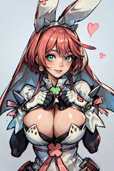 1girls ahoge ai_generated animal_ears big_breasts blue_eyes breasts bunny_ears bursting_breasts cleavage collar earrings elphelt_valentine four_leaf_clover guilty_gear guilty_gear_xrd hands_on_own_chest headband heart huge_breasts looking_at_viewer pink_hair short_hair smile spiked_headband stable_diffusion tampopo veil rating:Questionable score:44 user:Tampopo