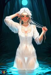  ai_generated bathing breasts ciri clothing female green_eyes light-skinned_female night outdoors pussy rwl scar solo the_witcher_(series) the_witcher_3:_wild_hunt transparent_clothing white_hair  rating:explicit score: user:kokizi