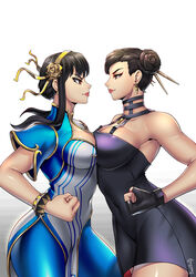 2girls big_breasts big_thighs black_clothing black_dress black_hair blue_clothing breasts choker chun-li chun-li_(cosplay) cosplay costume_swap costume_switch crossover dress ear_ring earrings female female_only fingerless_gloves gloves gray_eyes grey_eyes mascara mature_female milf red_eyes short_hair skin_tight skintight smile smiling spy_x_family street_fighter street_fighter_6 thighs thorn_princess thotlerrr treartz yor_briar yor_briar_(cosplay) rating:Explicit score:104 user:Monbo