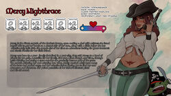 big_breasts character_sheet cherry-gig dungeons_and_dragons mercy_nightbrace_(cherry-gig) pirate pubic_tattoo text rating:Questionable score:39 user:Rayven1988