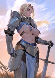 1girls areolae armor big_breasts blonde_hair breasts character_request copyright_request exposed_breasts female female_knight female_only knight light-skinned_female limart long_hair navel public_exposure sword rating:Explicit score:138 user:deleted106046