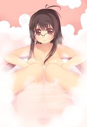 ahoge arima_senne bath big_breasts breasts brown_hair closed_mouth eyewear female female_only front_view glasses hair human kashiwamochi_yomogi long_hair looking_at_viewer nude open_eyes original pale-skinned_female pale_skin pussy raised_leg red_eyes sitting smile solo steam straight_hair uncensored water rating:Questionable score:12 user:bot