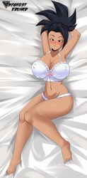 1girls big_breasts black_body black_eyes black_hair blush boots bra breasts brown_body byghosteduard dragon_ball dragon_ball_super earrings female female_only female_saiyan horny_female kale laying_down laying_on_back laying_on_bed legs lingerie looking_at_viewer nipple_bulge panties ponytail saiyan short_hair solo solo_female surprised surprised_expression thick_thighs underwear universe_6 universe_6/universe_7 white_panties rating:Questionable score:66 user:deleted105994