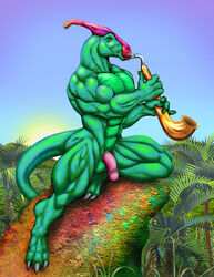 abs balls biceps color day dinosaur instrument male male_only muscles no_humans outdoors pecs penis saxophone scalie solo sudonym rating:Explicit score:2 user:bot