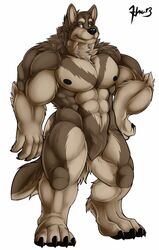 4_toes 5_fingers abs anthro barefoot biceps black_nipples black_nose blue_eyes brown_fur canine claws color front_view fur furry hand_on_hip male male_only maneater muscles nipples nude pecs plain_background smile solo tan_fur white_background wolf rating:Questionable score:2 user:bot