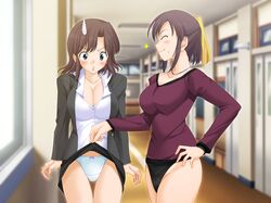 blush breasts brown_hair cleavage female female_only game_cg green_eyes hallway human inside koi_to_mizugi_to_taiyo_to large_breasts multiple_females one_closed_eyes panties purple_hair school school_uniform shock short_hair skirt_lift surprised teacher teachers underwear wink rating:Explicit score:19 user:bot