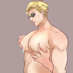  big_pecs jja_nap jujutsu_kaisen kento_nanami lactating male_only nipple_play squeezing_breast suggestive  rating:questionable score: user:clingyhyena