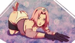 ass bad_feet bare_shoulders blush breasts female fishnet fishnets gloves goldcoinsuperstar green_eyes headband human looking_at_viewer naruto nipples panties pink_hair sakura_haruno short_hair smile solo toes underwear white_panties rating:Questionable score:127 user:Reyh