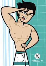  abs bathroom black27-0 black_hair bulge disventure_camp gay male_only muscles muscular scar solo tom_(disventure_camp) tongue_out towel yaoi  rating:explicit score: user:dbarleynicu