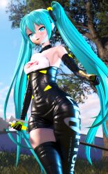  blue_eyes blue_hair blush bodysuit breasts clothed hatsune_miku long_gloves looking_at_viewer mikou_39 pov racing_miku thick_thighs twintails vocaloid  rating:questionable score: user:bot