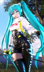  blue_eyes blue_hair blush bodysuit breasts clothed hatsune_miku jumper looking_at_viewer mikou_39 pov racing_miku thick_thighs twintails vocaloid  rating:questionable score: user:bot