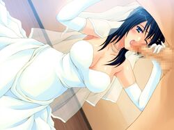 black_hair blue_eyes blush breasts bride censored cleavage clothing dress fellatio game_cg hair handjob oral pearl_necklace penis pregnant wedding_dress rating:Explicit score:23 user:bot