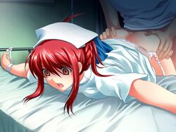 1boy 1girls ambiguous_penetration anal ass_grab bed bent_over bondage bottomless bound bound_wrists braid brown_eyes clothes_lift dress_lift empty_eyes forced_exposure game_cg garter_belt helpless innocent_blue kinmedai_pink medium_breasts nurse nurse_cap nurse_uniform open_mouth outstretched_arm penile_penetration rape red_hair saeki_nozomi scared sex source_request spread_arms tears tied_down tied_to_bed uniform rating:Explicit score:53 user:bot