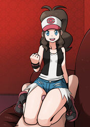 1boy 1girls alternate_version_available blue_eyes bracelet brown_hair button carpet couch excited eyebrows eyelashes fist hat hilda_(pokemon) jacket jean_shorts long_hair mosbles naked penis penis_between_thighs pocket pokemon pokemon_bw ponytail ripped_clothing shoes short_shorts sleeveless socks sofa thick_thighs thigh_focus thigh_sex thighs wallpaper rating:Explicit score:84 user:Chibu