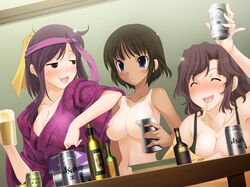 3girls alcohol bandage bandages bandaid bandaids_on_nipples beer blue_eyes blush bottle breasts brown_eyes brown_hair cleavage closed_eyes dark_skin drinking drunk female female_only happy headband human koi_to_mizugi_to_taiyo_to large_breasts liqour long_hair multiple_females nipples nude purple_hair purple_headband short_hair smile smirk tan tank_top tanline rating:Explicit score:7 user:bot