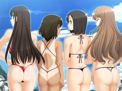 bikini black_hair blue_eyes blush breasts brown_hair cleavage closed_eyes cloud clouds female female_only frown game_cg glare glaring glasses human koi_to_mizugi_to_taiyo_to large_breasts long_hair looking_back micro_bikini multiple_females nervous nude outdoors outside panties pov red_eyes rock short_hair sideboob sky string_bikini swimsuit tan tanline thong thong_bikini tree trees underwear rating:Questionable score:15 user:bot