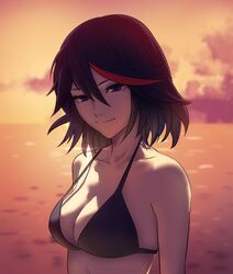 1girls bikini black_bikini black_hair black_swimsuit blue_eyes breasts cleavage collarbone female female_only hair_between_eyes highres kill_la_kill matoi_ryuuko medium_breasts multicolored_hair ocean pomelomelon short_hair smile solo sunset swimsuit tomboy upper_body rating:Safe score:267 user:kris923