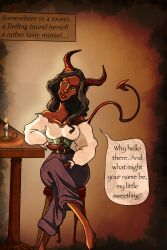  big_lips breasts brown_hair character cleavage clothed clothed_female clothing comic comic_page comic_panel comic_strip corset curvy curvy_female curvy_figure dark-skinned_female dark_hair demon demon_futa demon_girl demon_horns demon_tail desdamoana dnd_character dominant_female domination dungeons_and_dragons fully_clothed futa_only futadom futanari horns lips long_hair original original_art original_artwork original_character red_skin self_upload shemale smirk tail tavern text text_bubble tiefling tiefling_futa yellow_eyes  rating:safe score: user:bot