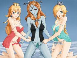 3girls blonde_hair blue_eyes blue_skin breasts cleavage clothes crossover female female_only frankman hair human interspecies kneeling mario_(series) midna multiple_females nintendo orange_eyes orange_hair panties panty_pull princess_peach princess_rosalina straight_hair the_legend_of_zelda twili twili_midna uncensored underwear rating:Explicit score:54 user:bot