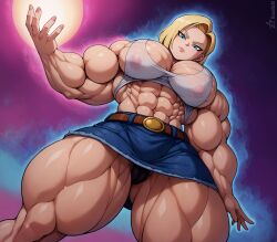  abs ai_generated android_18 azazellzai bare_shoulders belt biceps big_muscles blonde_hair blue_eyes covered_nipples dragon_ball dragon_ball_z energy_ball female looking_at_viewer looking_down muscular muscular_female muscular_thighs pecs pectoral_cleavage pectorals skirt solo thick_thighs tight_clothing  rating:explicit score: user:bot