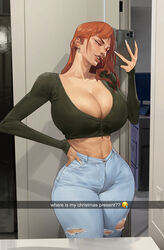 1girls brown_eyes crop_top cropped_legs female female_only green_shirt hand_on_hip holding_phone huge_breasts indoors jeans lips long_fingernails long_hair long_sleeves nami one_piece orange_hair post-timeskip saigalisk selfie smartphone smile snapchat solo standing text torn_legwear wide_hips rating:Questionable score:242 user:animeboy12