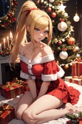 1girls ai_generated bed blonde_female blonde_hair blonde_hair blue_eyes christmas christmas_clothing christmas_outfit christmas_tree female female metroid ponytail red_clothing samus_aran samus_aran santa_costume santa_hat sex ww132 zero_suit_samus rating:Explicit score:25 user:ww132