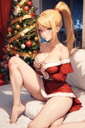 1girls ai_generated bed blonde_female blonde_hair blonde_hair blue_eyes christmas christmas_clothing christmas_outfit christmas_tree female female metroid ponytail red_clothing samus_aran samus_aran santa_costume santa_hat sex ww132 zero_suit_samus rating:Explicit score:33 user:ww132